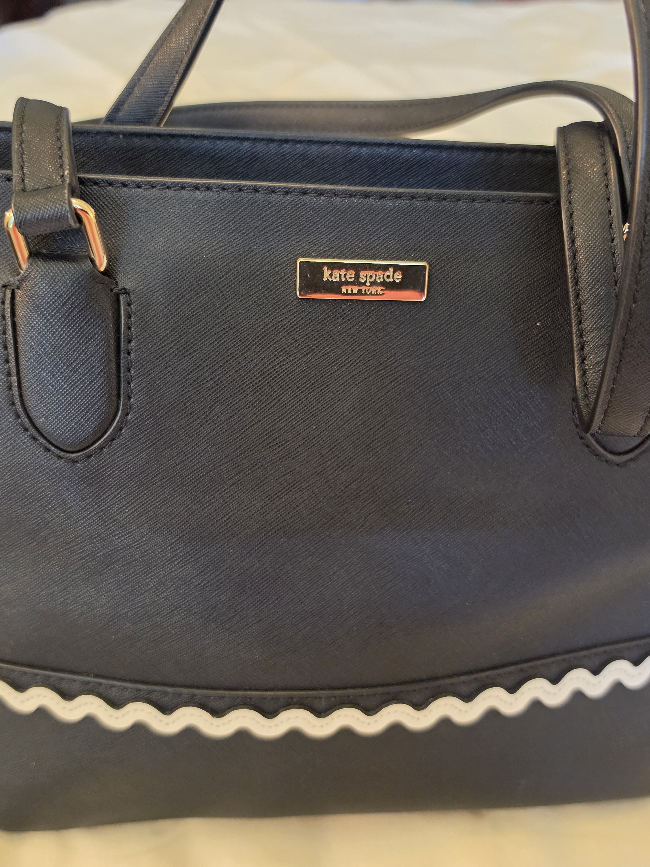Kate Spade Navy Tote With White Scallop Trim And Gold Hardware